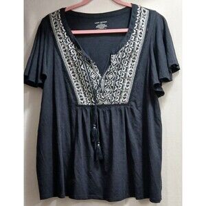 Lane Bryant Blue Boho Peasant Crochet Tassles Blouse Women's Sz 14/16 Stretch